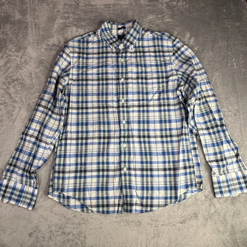 J.Crew shirt Mens L Blue Plaid Slim Fit Homespun Cotton C8198 Long Sleeve